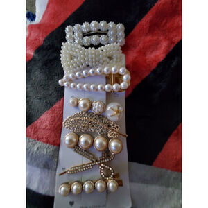 Rhinstones, White and Gold Faux Pearl Hair Clip Set